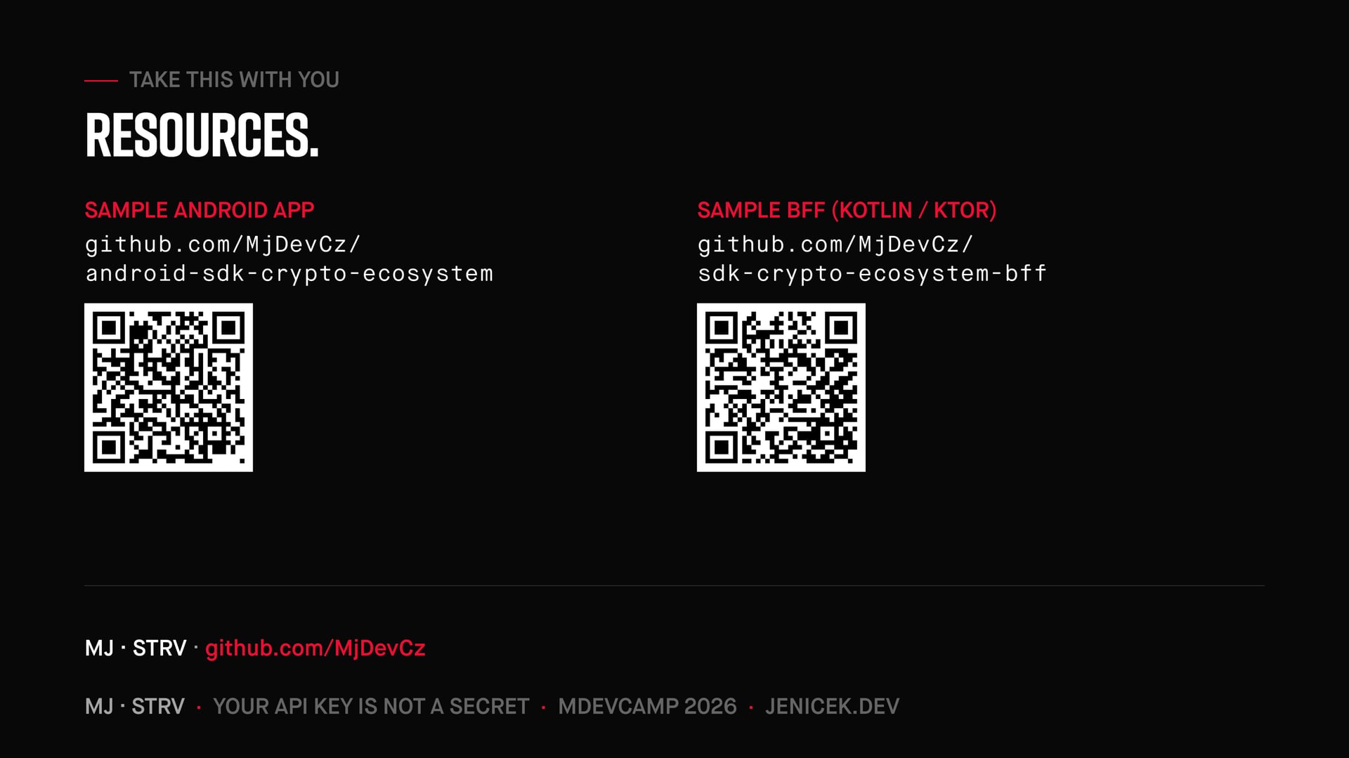 Resources from the talk: sample Android app and sample BFF (Kotlin / Ktor) on GitHub at github.com/MjDevCz